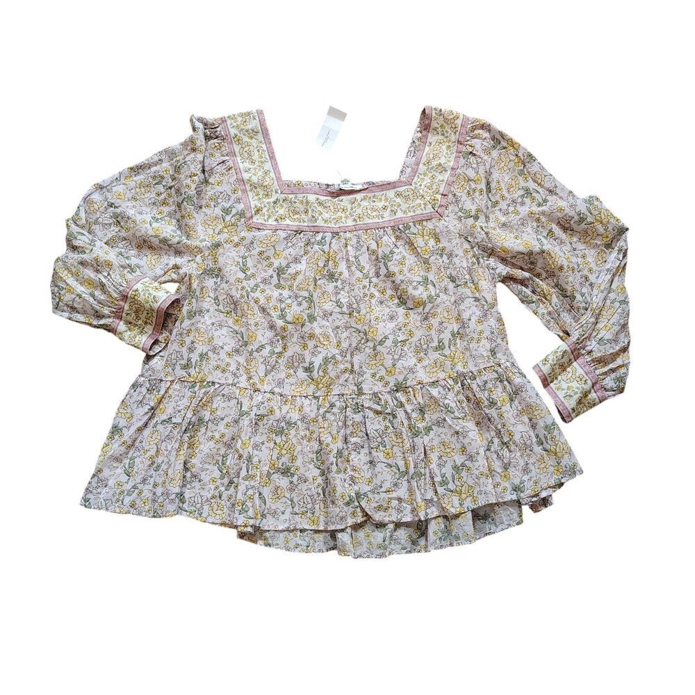 Womens Floral Prairie Peplum Tunic Top Size L Lavender Boho Cottagecore Blouse - Picture 6 of 12